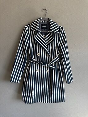 NWT Express Navy and White Striped Trench Coat Medium
